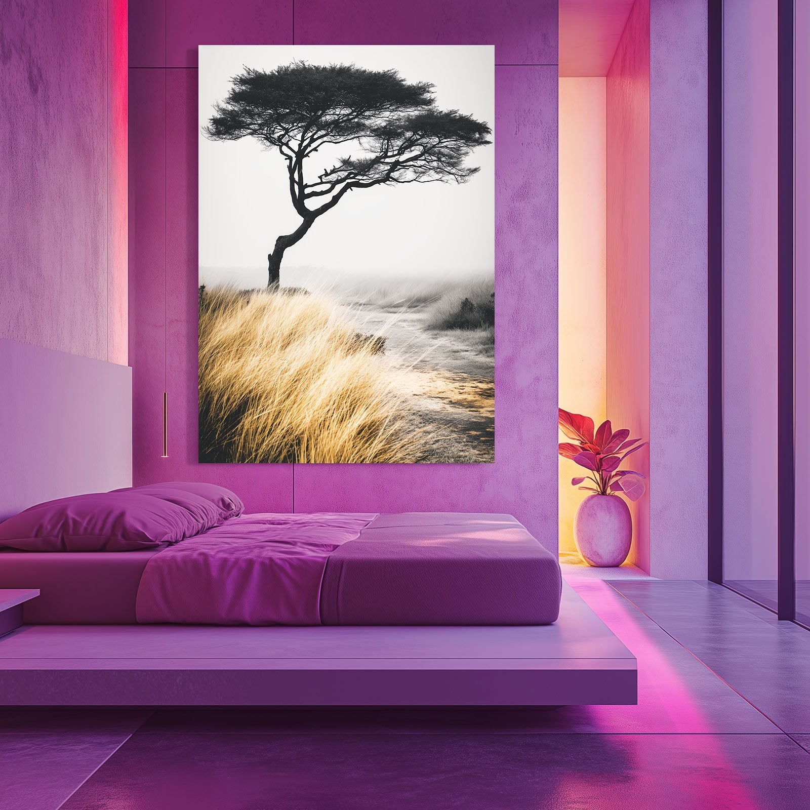 Acacia Grass Tree Photography Print – in a magenta-lit modern bedroom