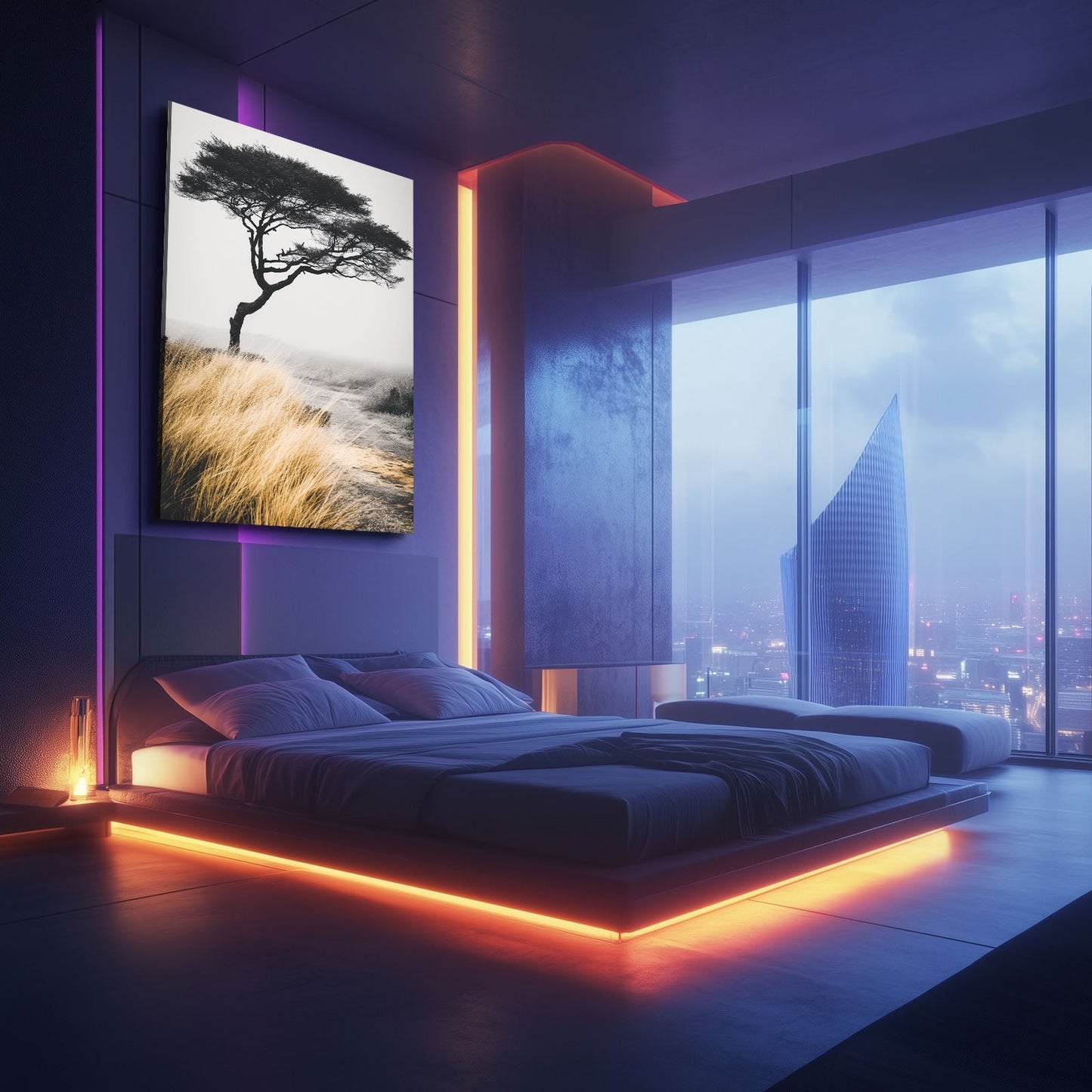 Acacia Grass Tree Photography Print – in a neon-blue night bedroom