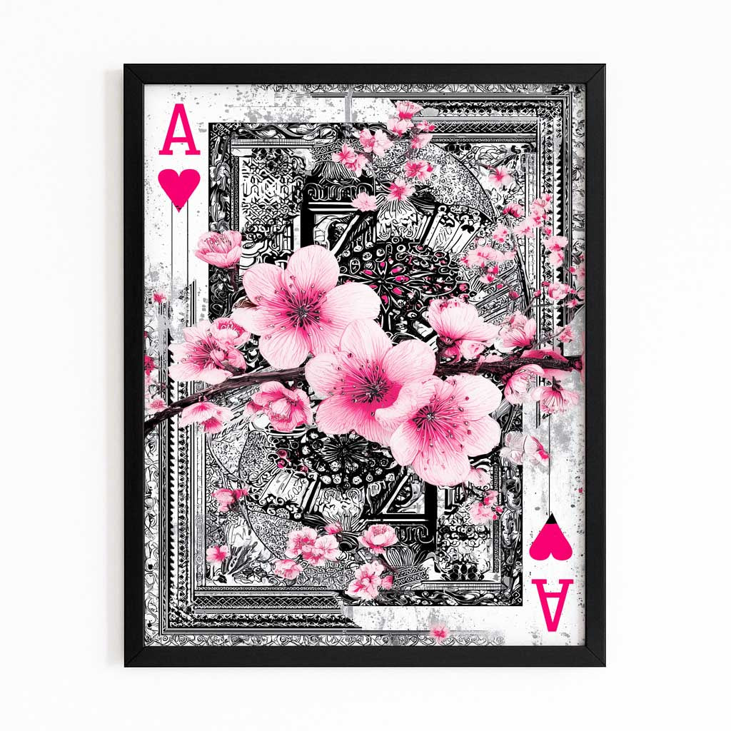 Ace Of Hearts Cherry Blossom Art – with Premium Black frame on white background