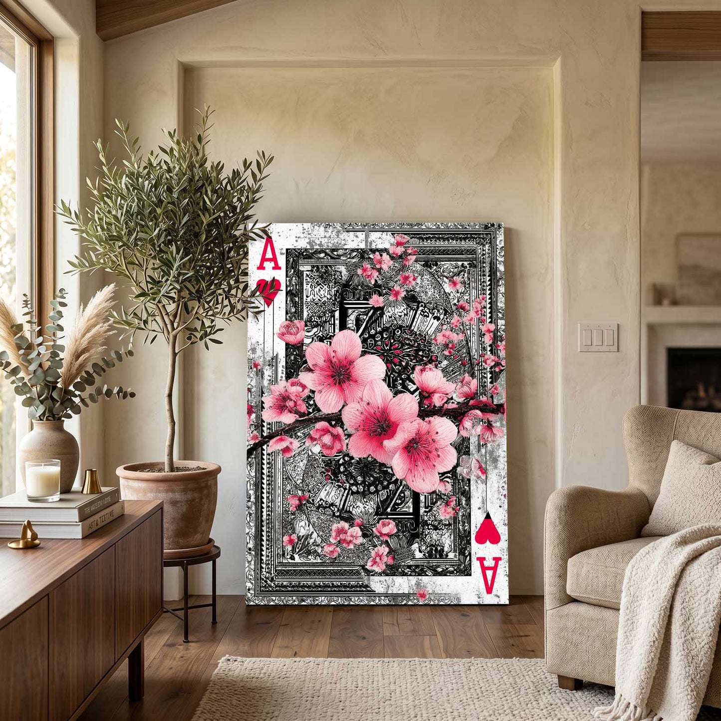Ace Of Hearts Cherry Blossom Art – styled in a furnished interior