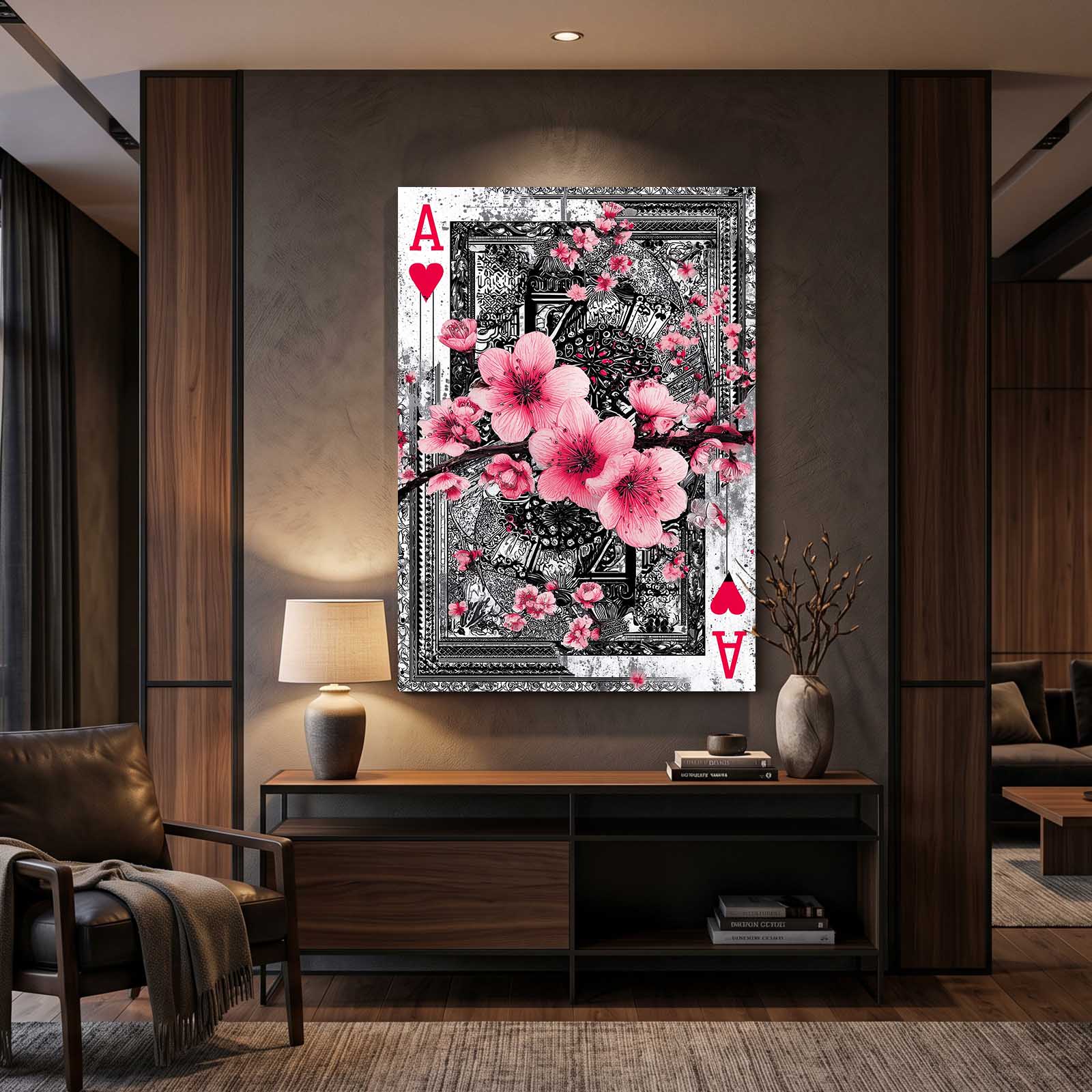Ace Of Hearts Cherry Blossom Art – styled in a furnished interior