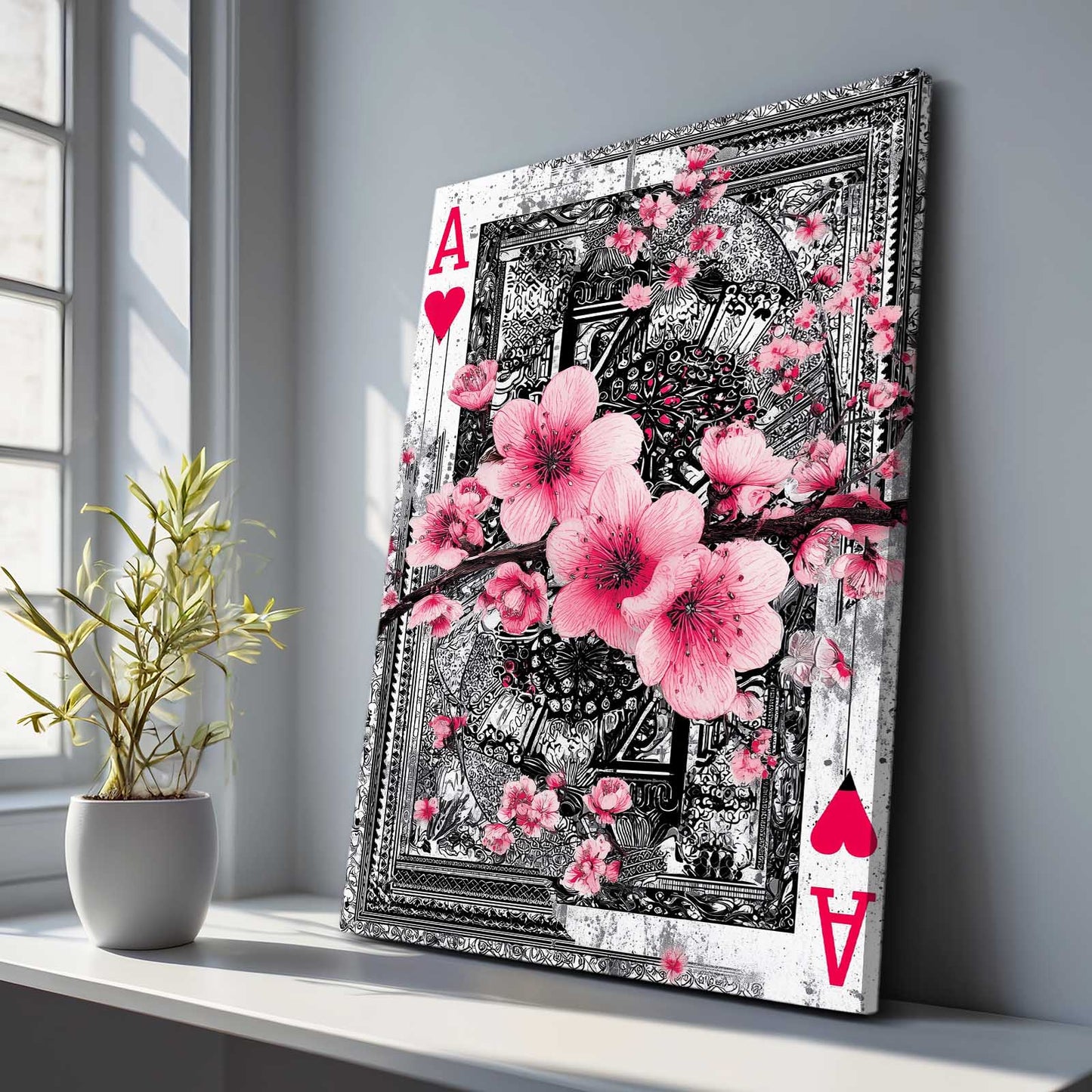 Ace Of Hearts Cherry Blossom Art – styled in a furnished interior