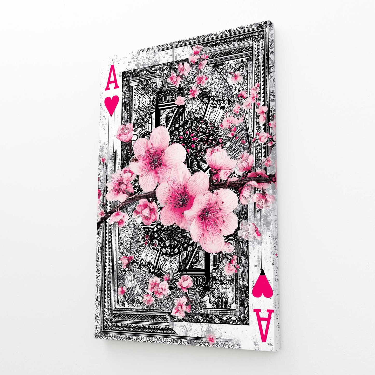 Ace Of Hearts Cherry Blossom Art – angled canvas view on white background