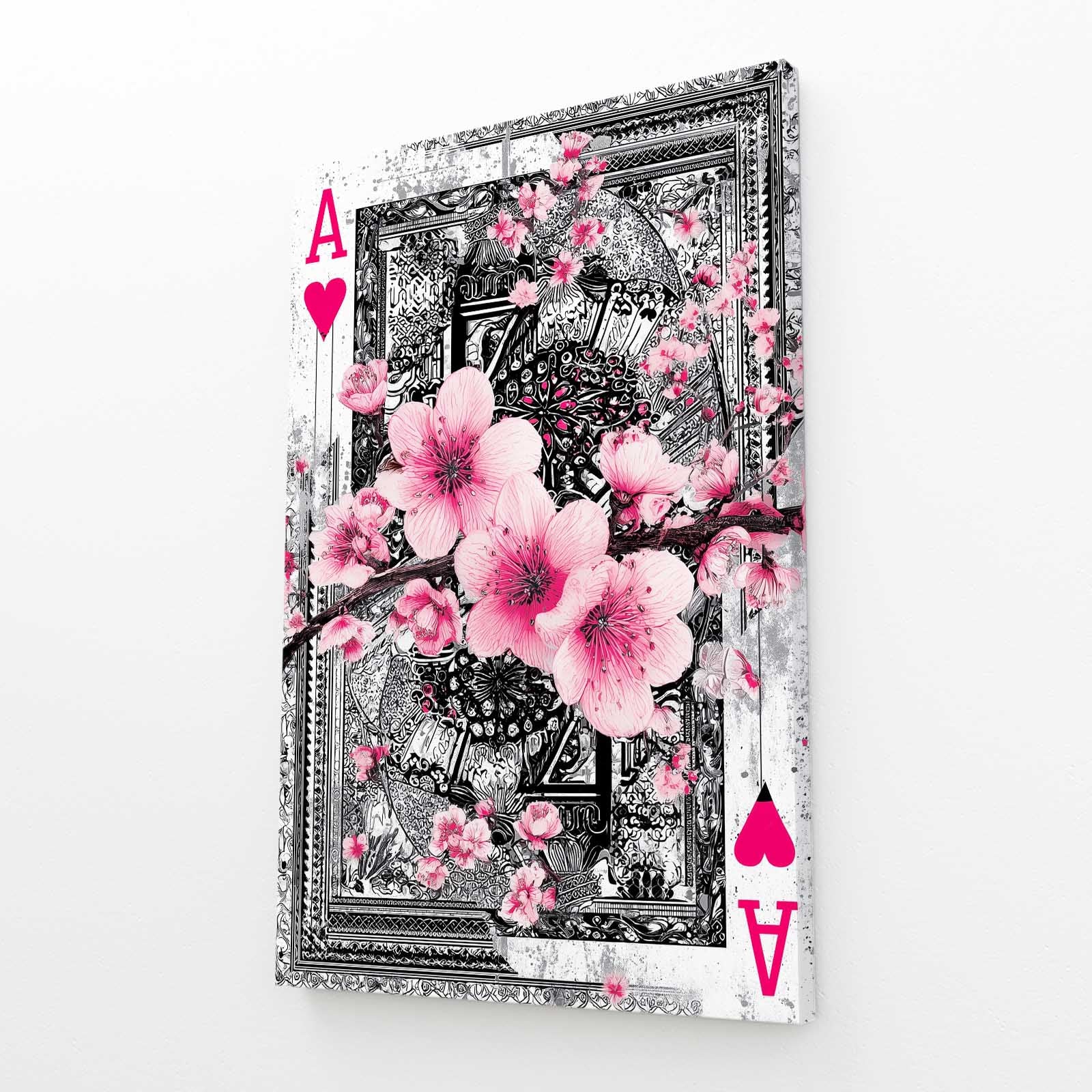 Ace Of Hearts Cherry Blossom Art – angled canvas view on white background