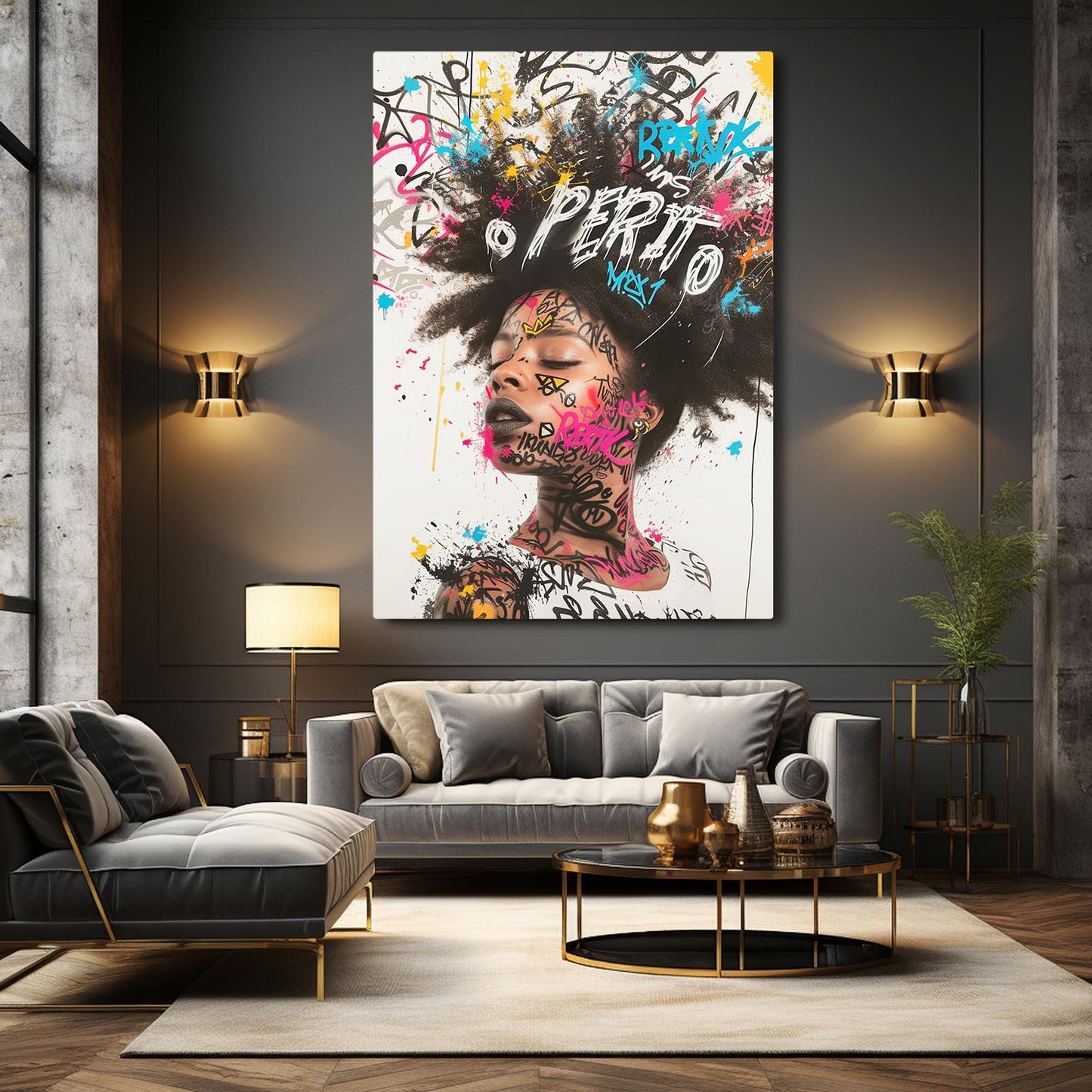 African Art Decor for Bedroom — graffiti canvas print in brown tones, view 5
