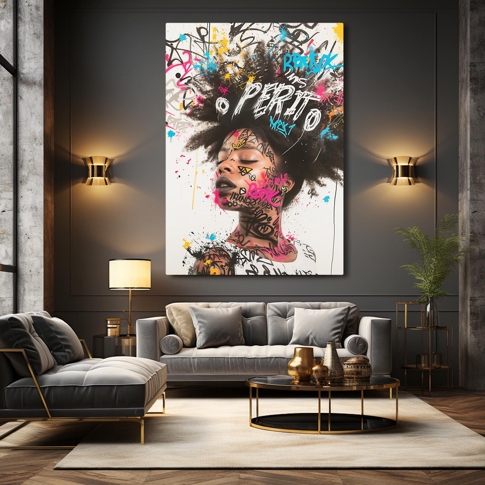 African Art Decor for Bedroom — graffiti canvas print in brown tones, view 5
