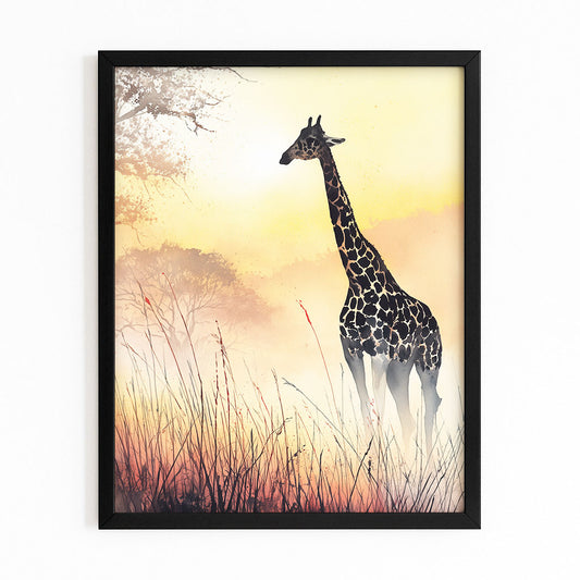Framed artwork of a giraffe against a sunset sky with trees and grass.
