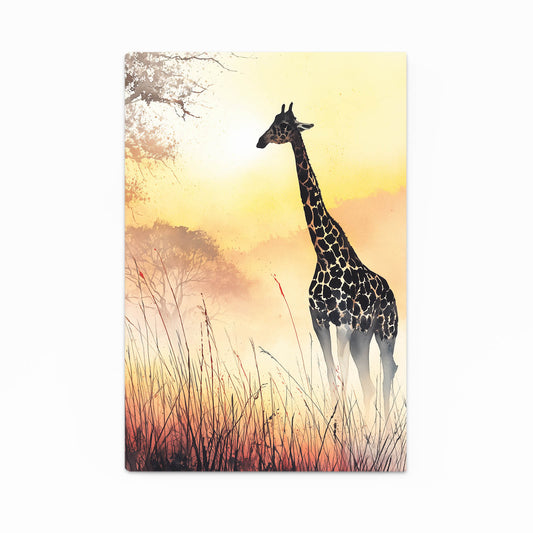 Giraffe standing in tall grass with a sunset or sunrise background