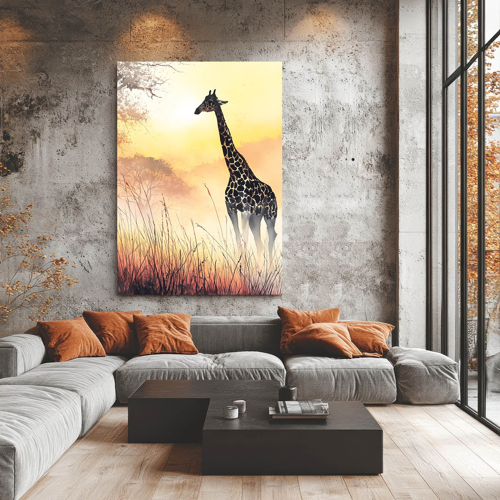 Living room with a large giraffe painting on the wall above a gray sectional sofa.