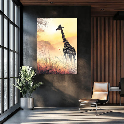 Modern interior with a giraffe painting on the wall, a chair, and a plant.