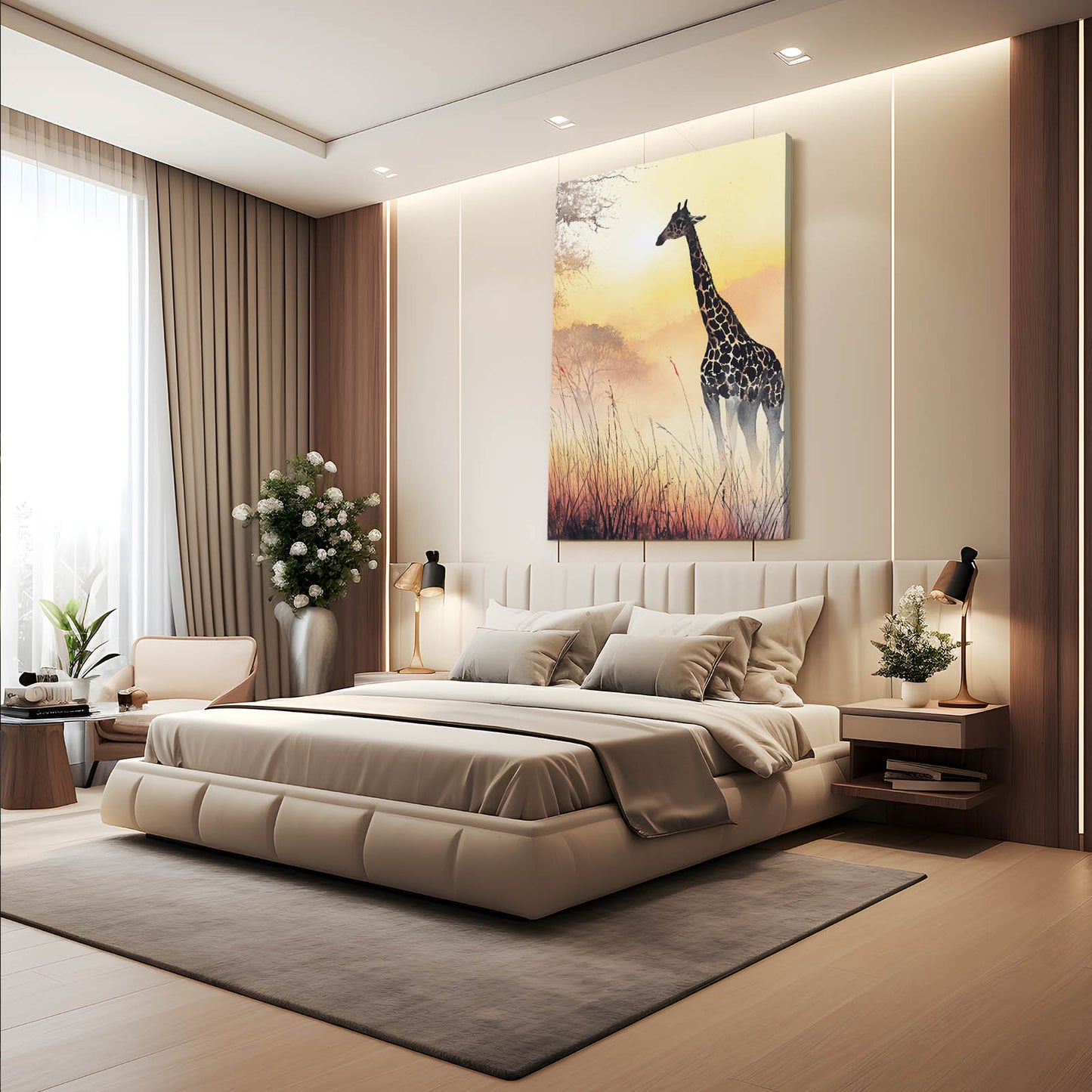 Modern bedroom with a large bed, decorative pillows, and a painting of a giraffe on the wall.