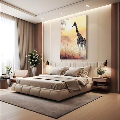Modern bedroom with a large bed, decorative pillows, and a painting of a giraffe on the wall.