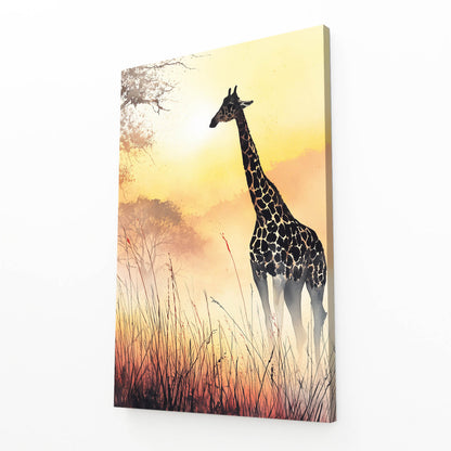 Canvas print of a giraffe silhouette against a sunset sky