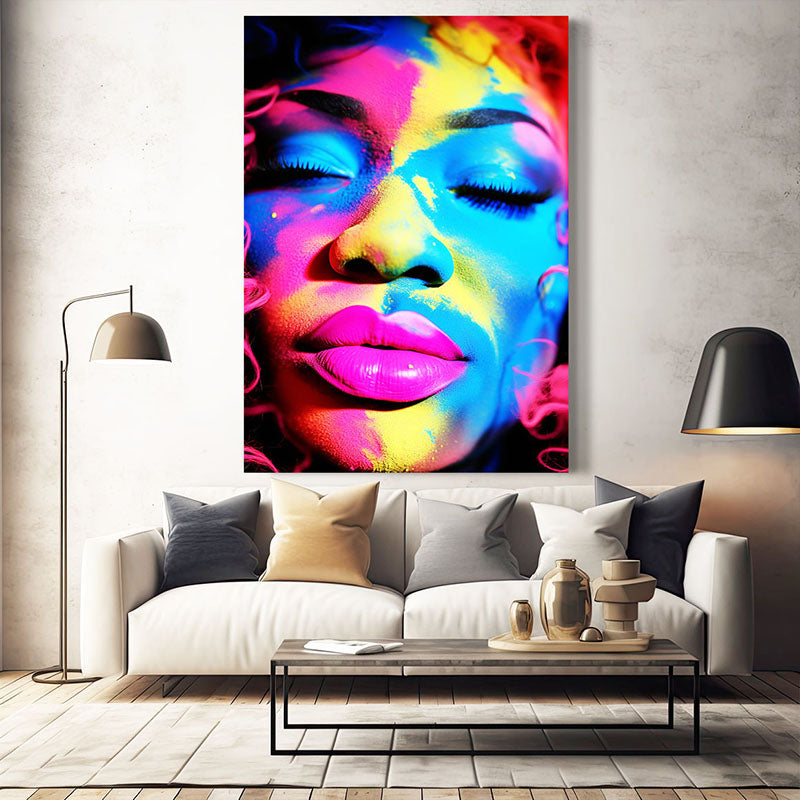 African Large Wall Art — pop art canvas print in blue tones, styled in a furnished interior