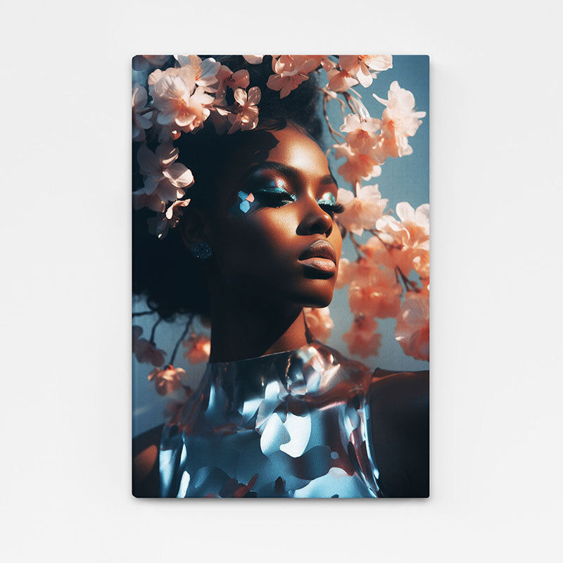 African Wall Art For Living Room — portrait canvas print in blue tones, angled canvas view on white background