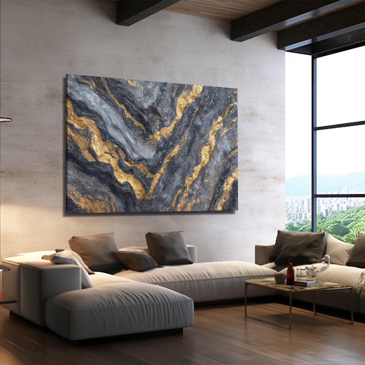 Agate Gold Waves Canvas Art – styled in a furnished interior