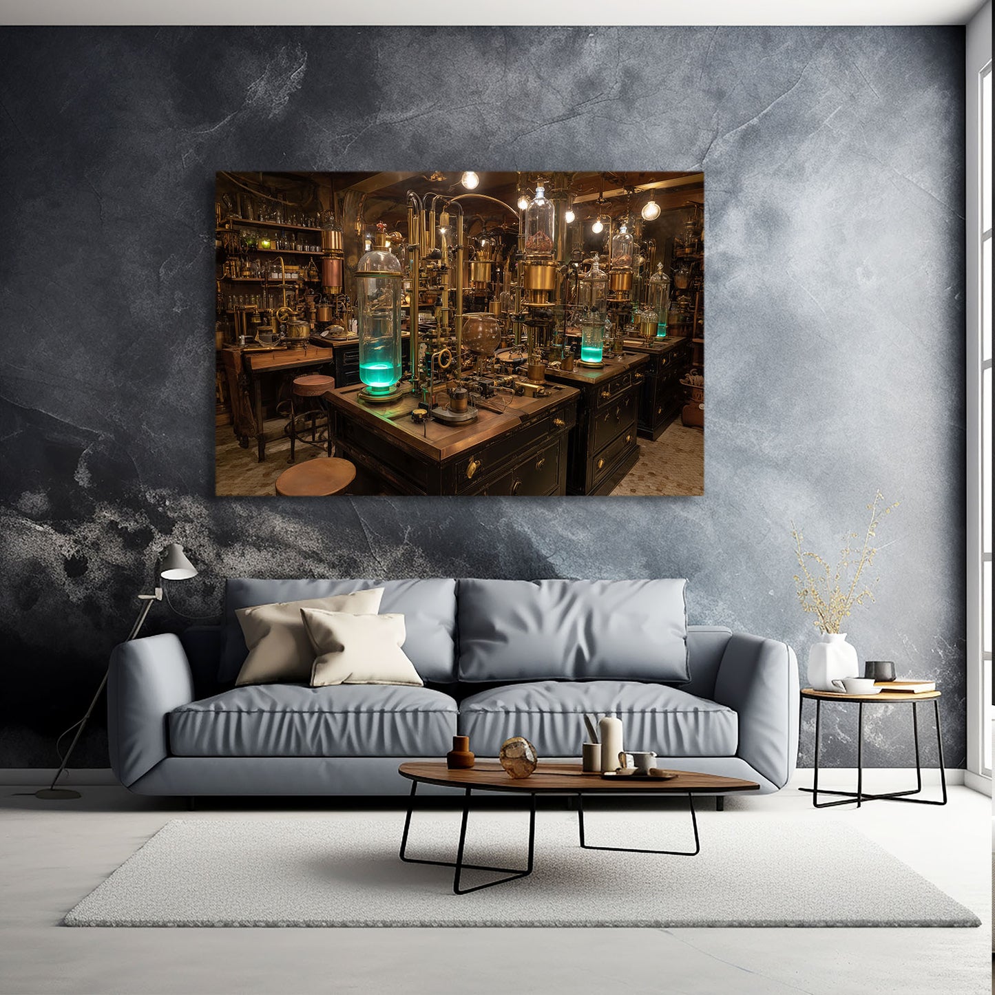 Alchemy Potion Lab Steampunk Canvas – styled in a furnished interior