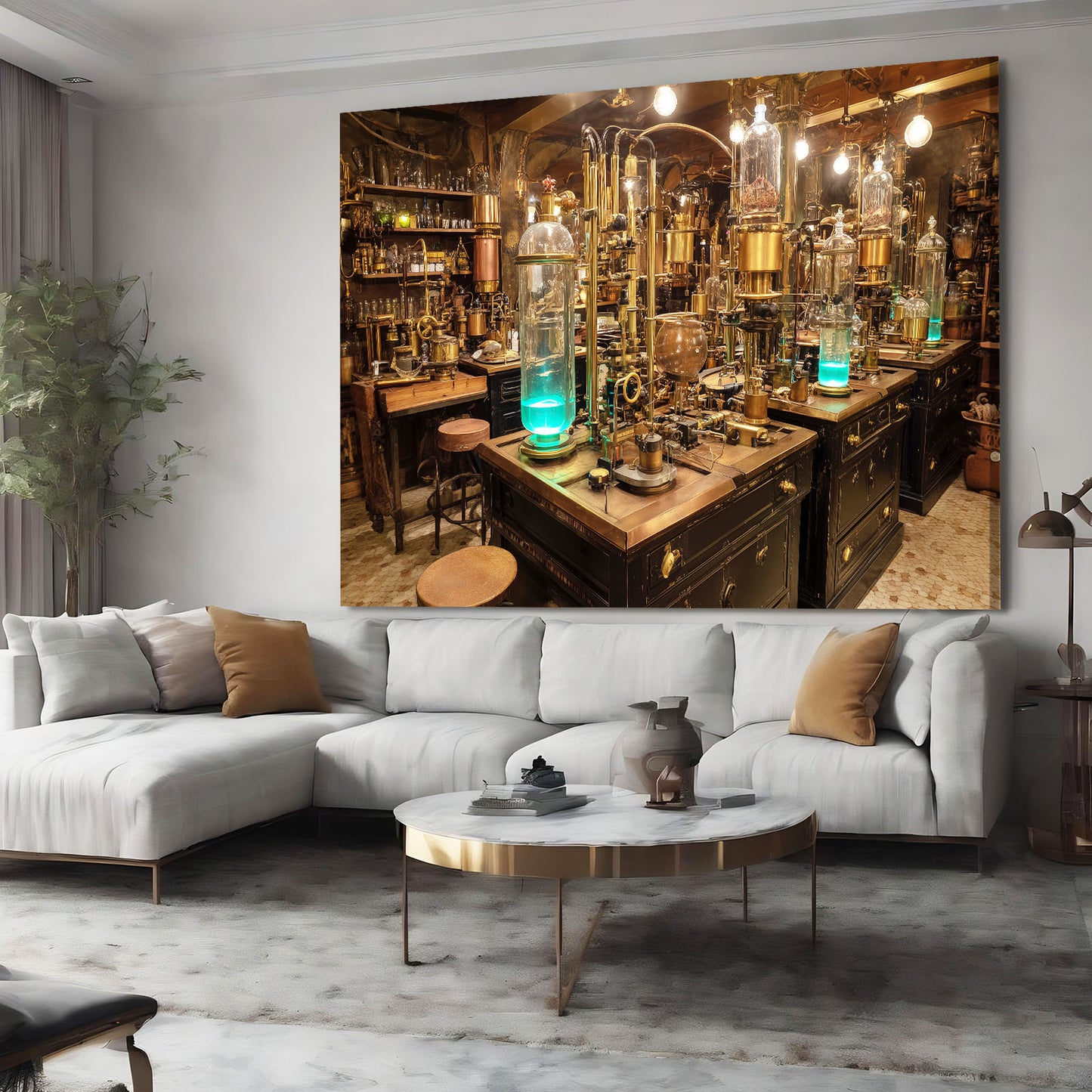 Alchemy Potion Lab Steampunk Canvas – styled in a furnished interior