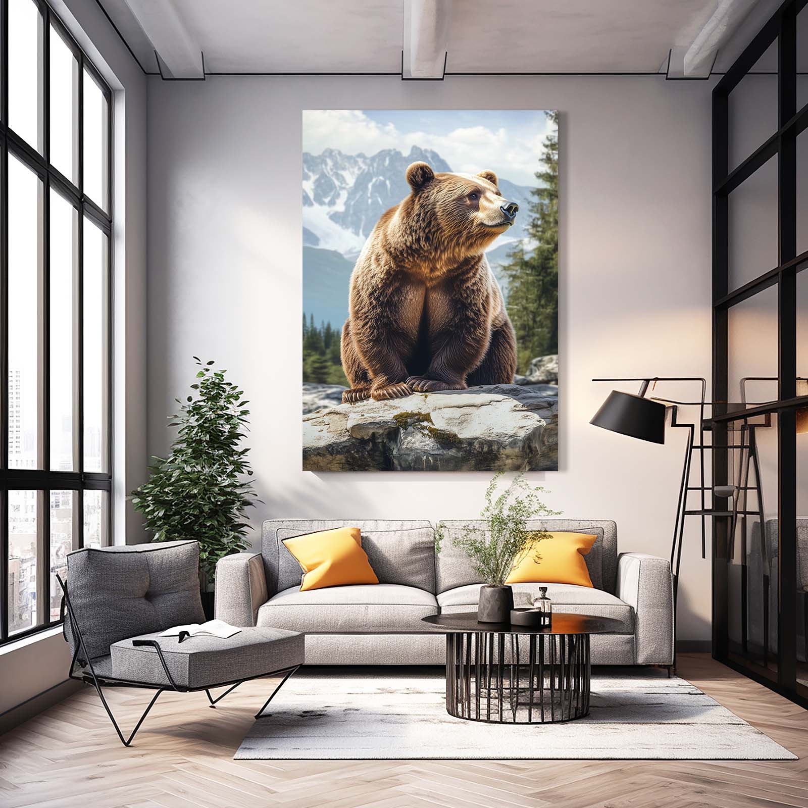 Alpine Rock Sentinel Bear Canvas — photography canvas print, styled in a furnished interior