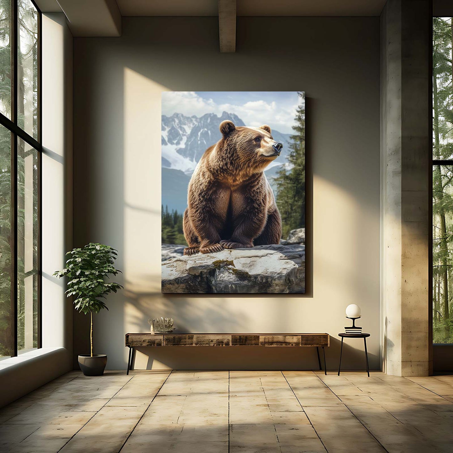 Alpine Rock Sentinel Bear Canvas — photography canvas print, styled in a furnished interior