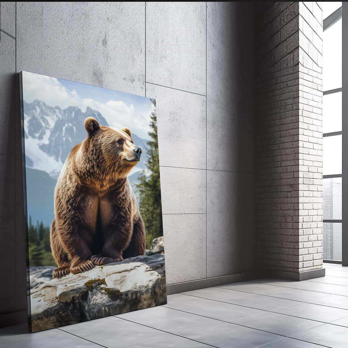 Alpine Rock Sentinel Bear Canvas — photography canvas print, styled in a furnished interior