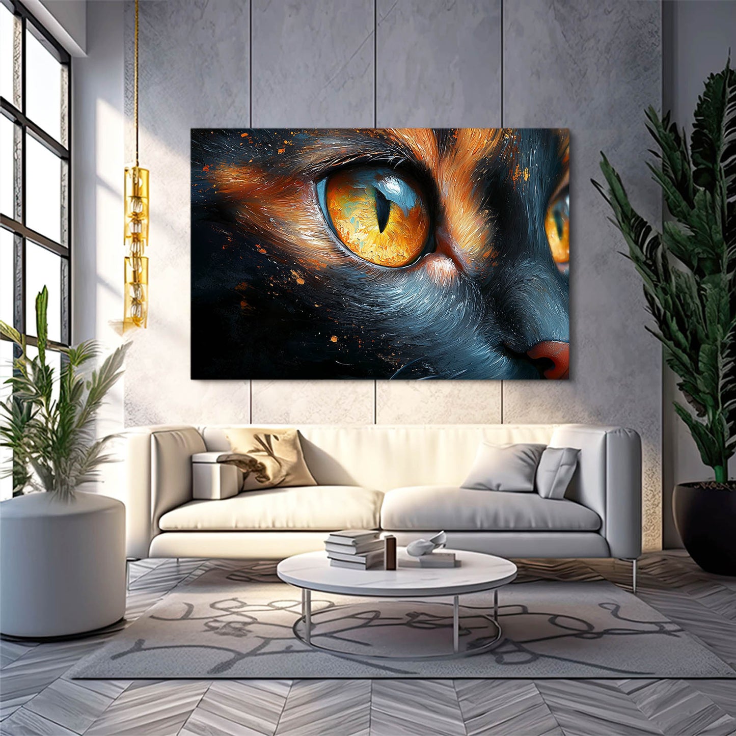 Amber Eye Closeup Cat Canvas Art — contemporary canvas print, styled in a furnished interior