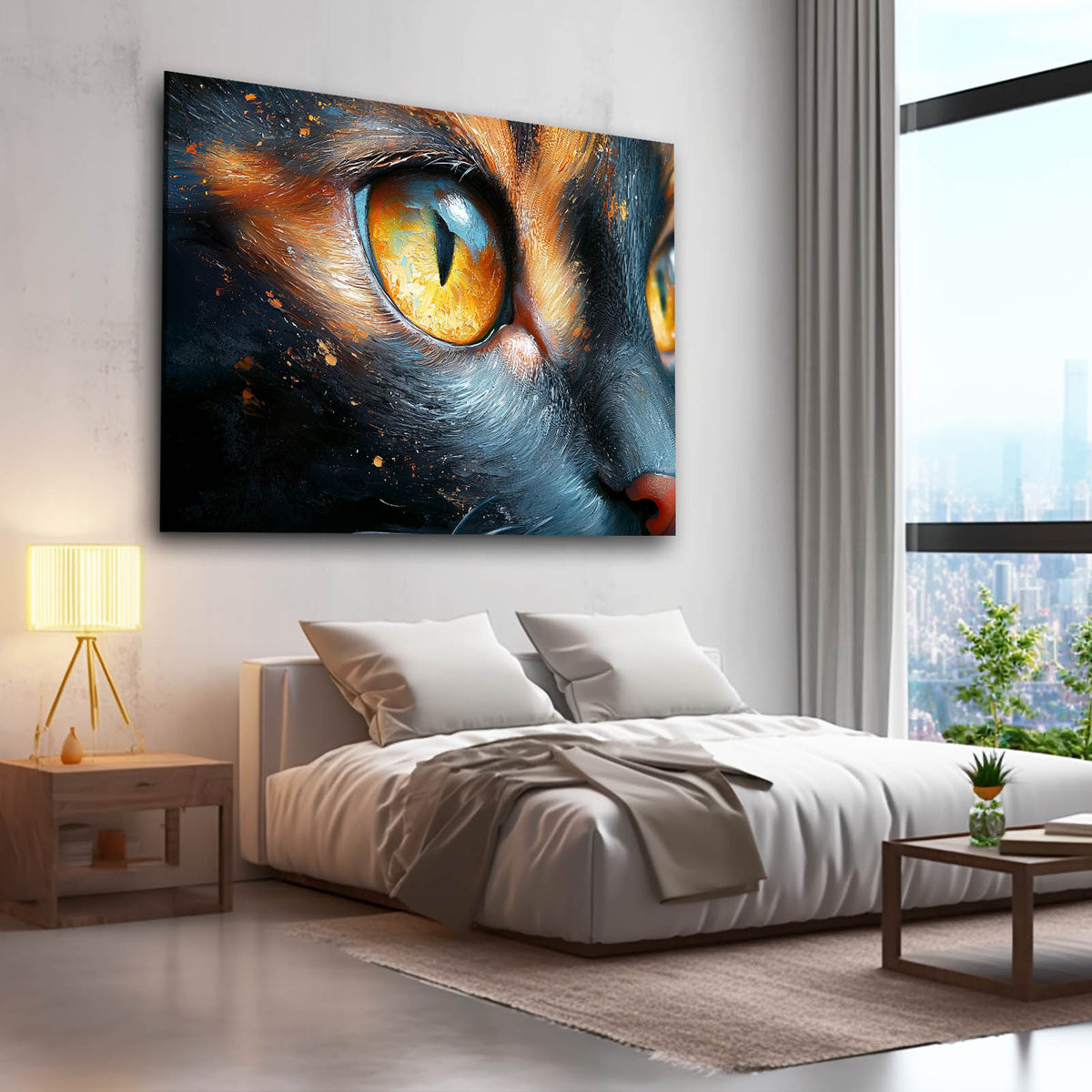 Amber Eye Closeup Cat Canvas Art — contemporary canvas print, styled in a furnished interior