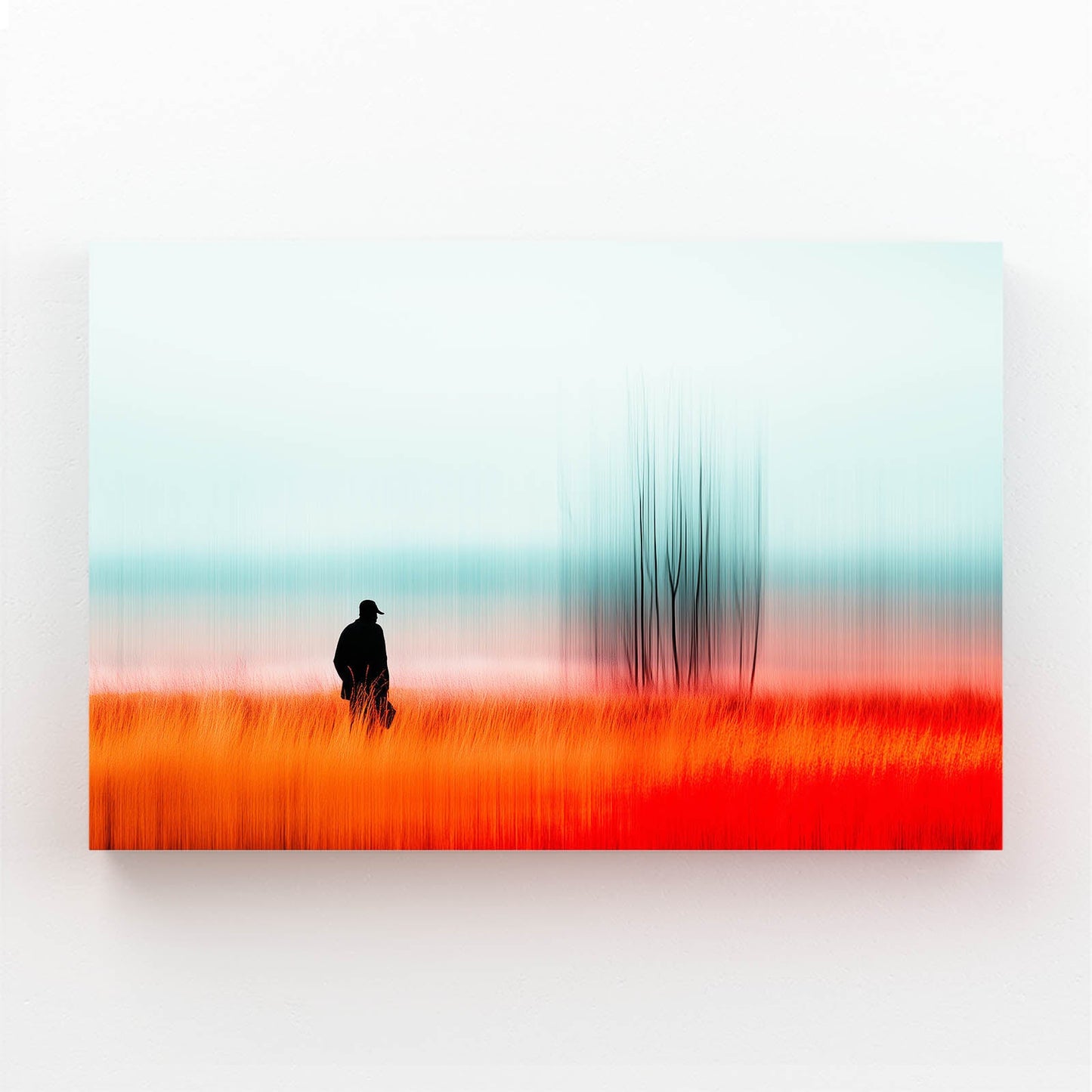 Amber Field Living Room Wall Art – lone figure in a blurred amber field under mint sky