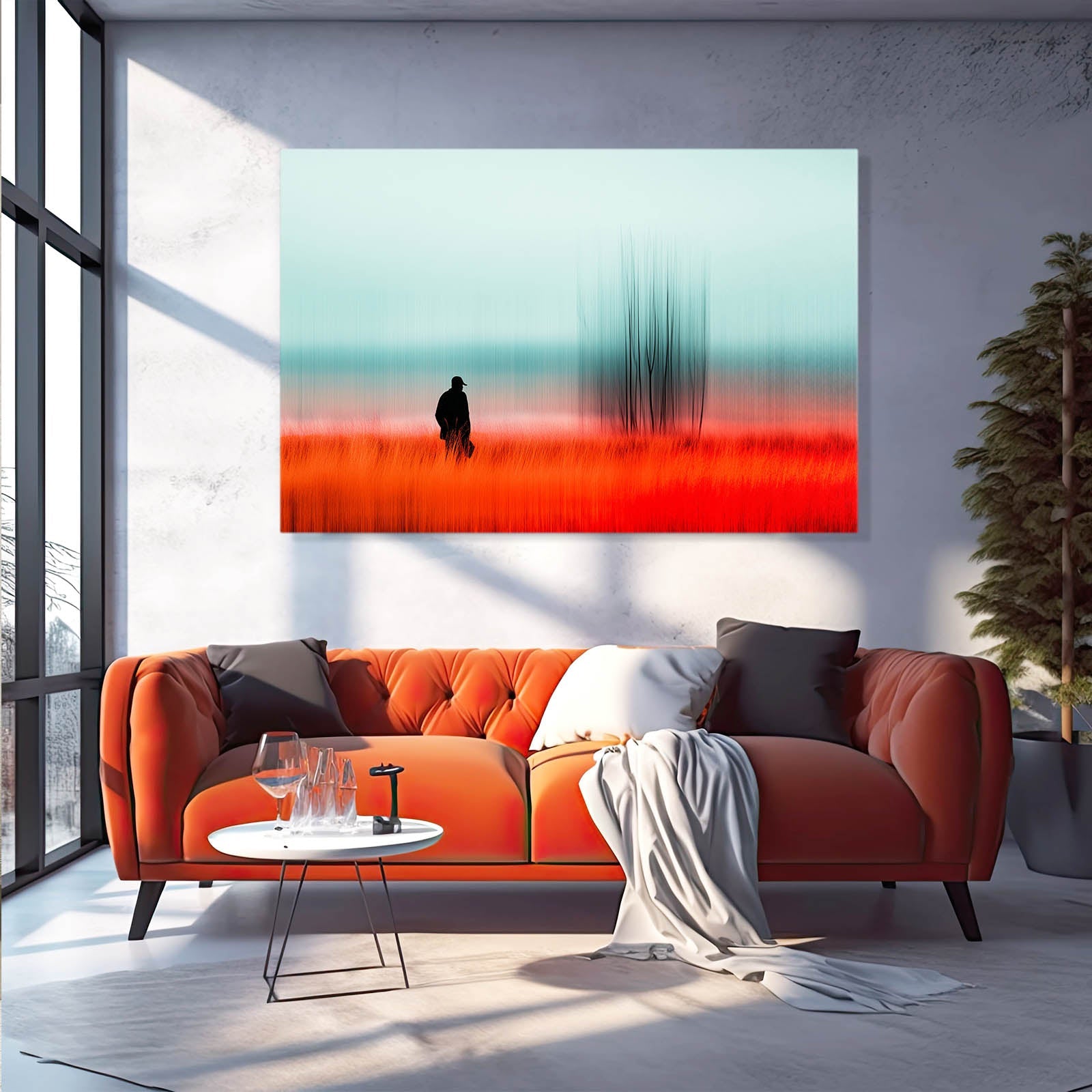 Amber Field Living Room Wall Art – above a coral sofa in a bright loft