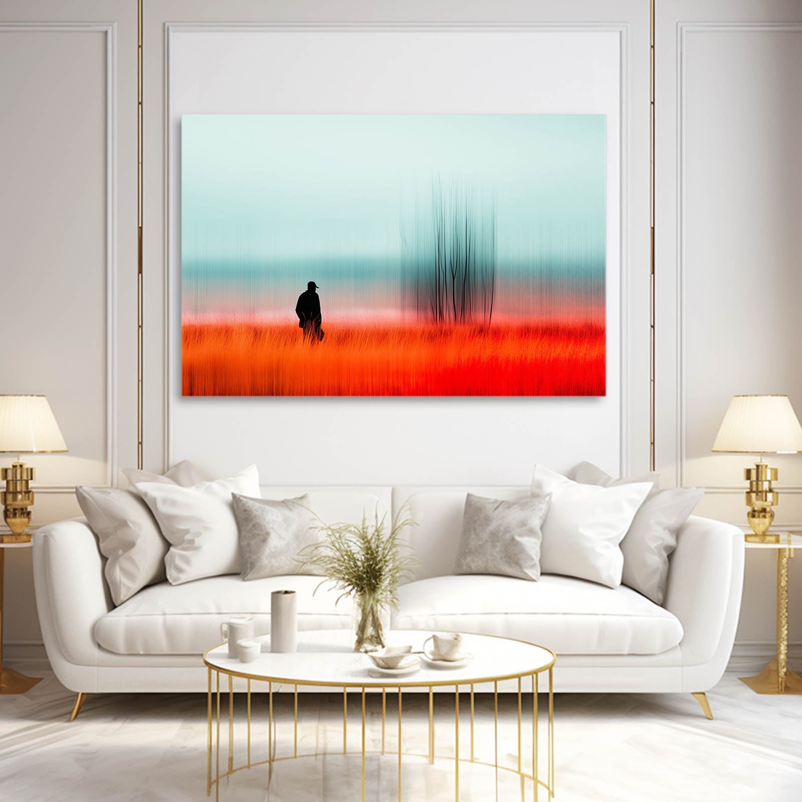 Amber Field Living Room Wall Art – above a white sofa with gold coffee table