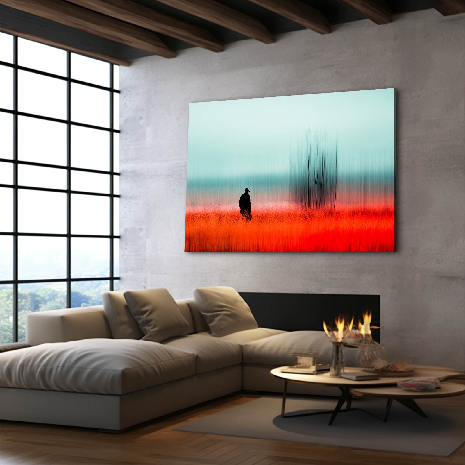 Amber Field Living Room Wall Art – above a grey sectional by a loft fireplace