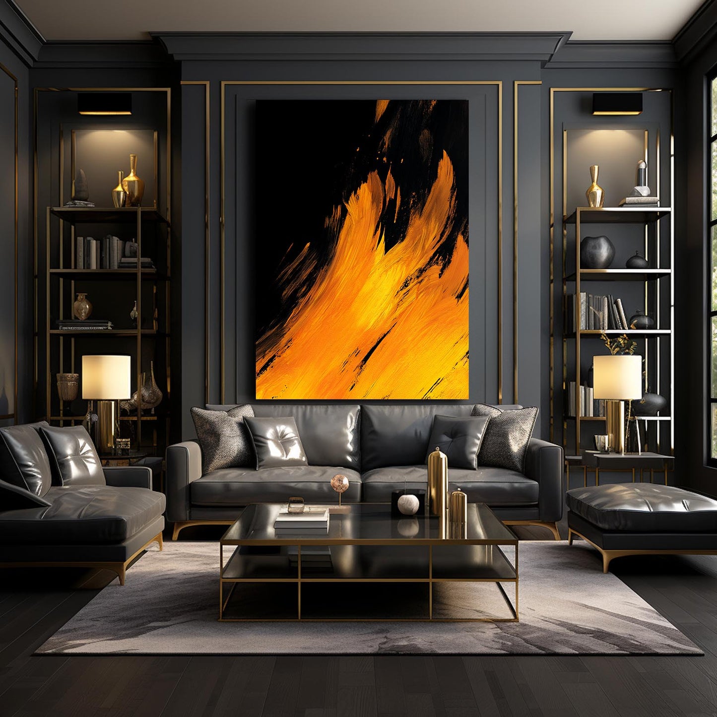 Amber Flame Strokes Gold Canvas – styled in a furnished interior