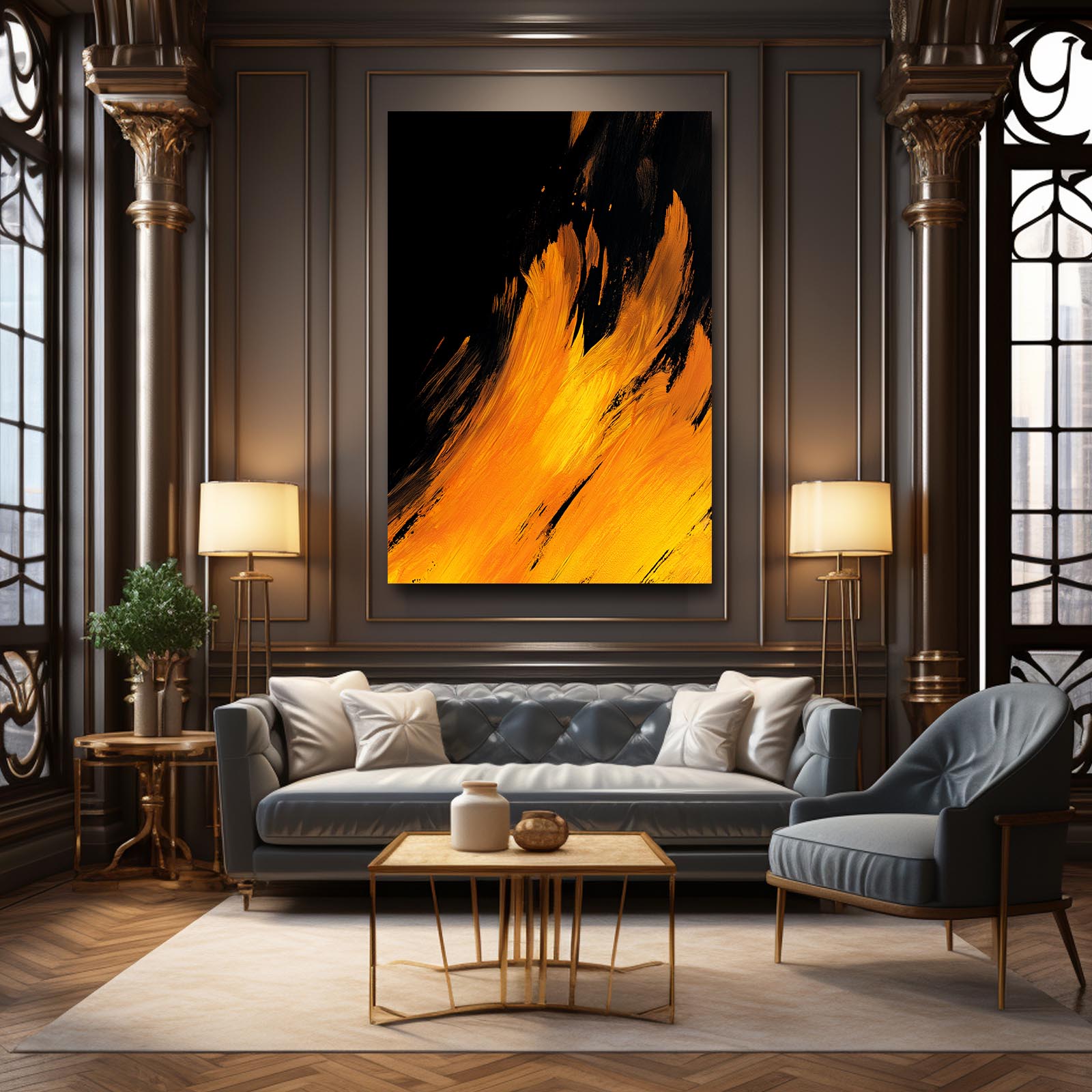 Amber Flame Strokes Gold Canvas – styled in a furnished interior