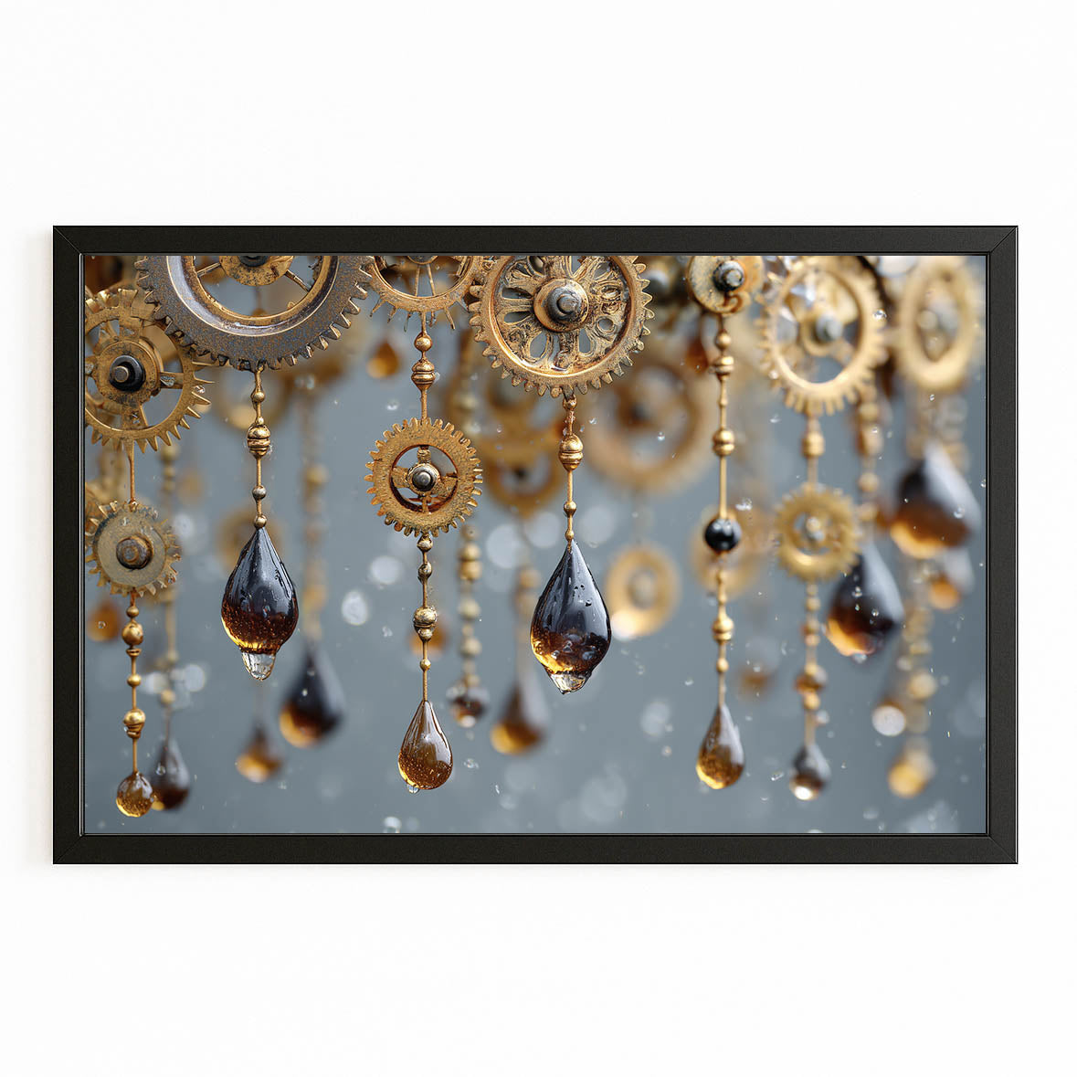 Amber Gear Rain Steampunk Wall Art – with Premium Black frame on white background