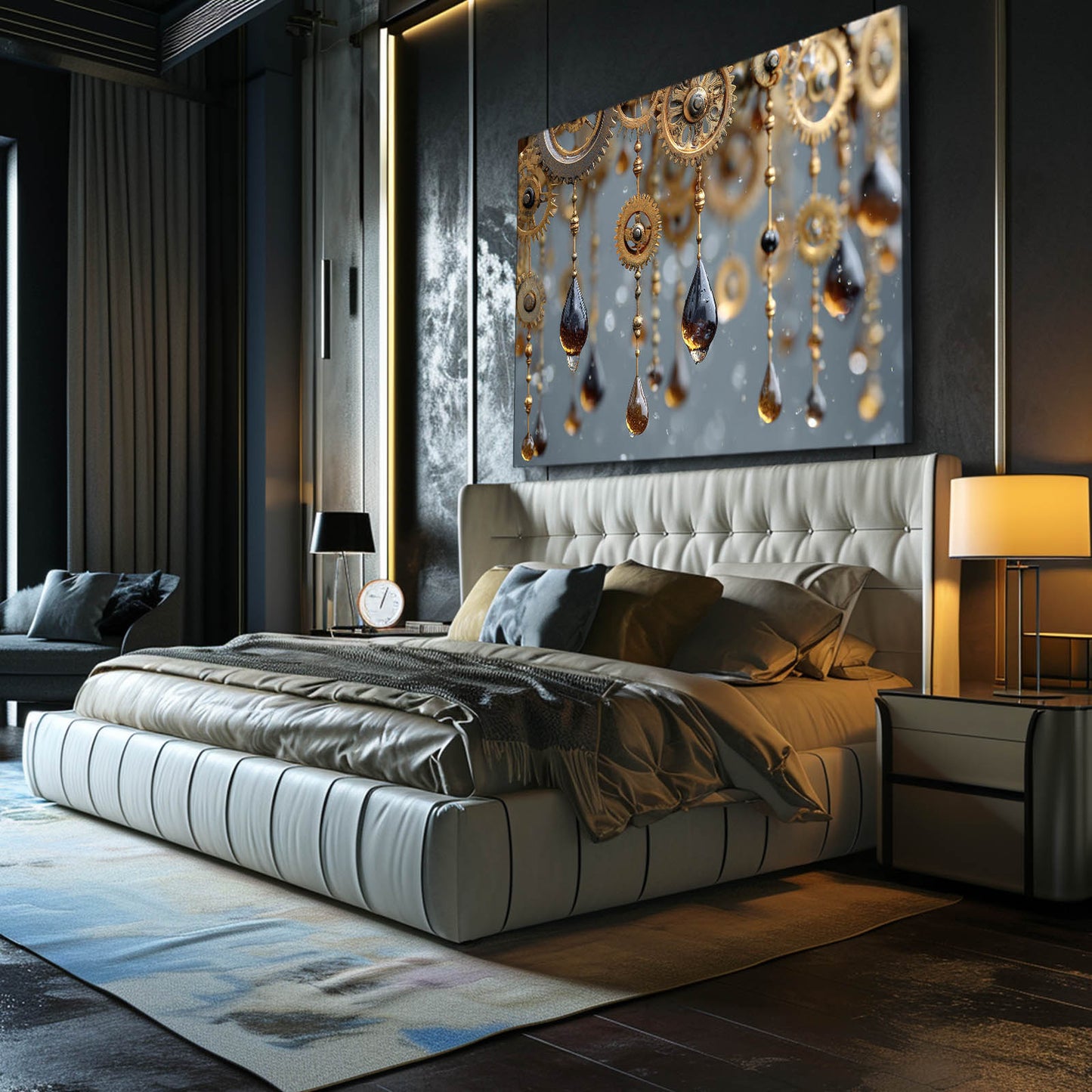 Amber Gear Rain Steampunk Wall Art – styled in a furnished interior