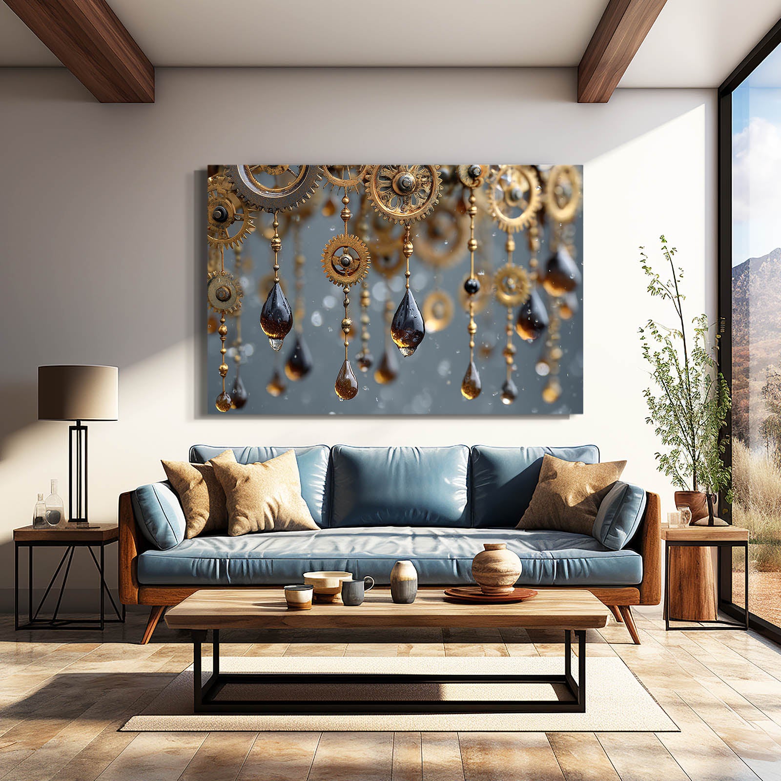 Amber Gear Rain Steampunk Wall Art – styled in a furnished interior