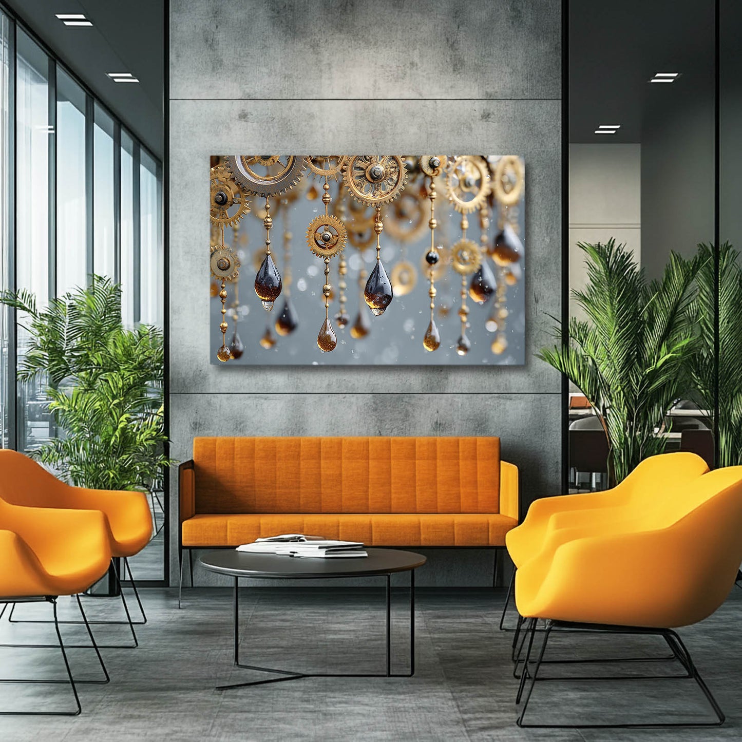 Amber Gear Rain Steampunk Wall Art – styled in a furnished interior