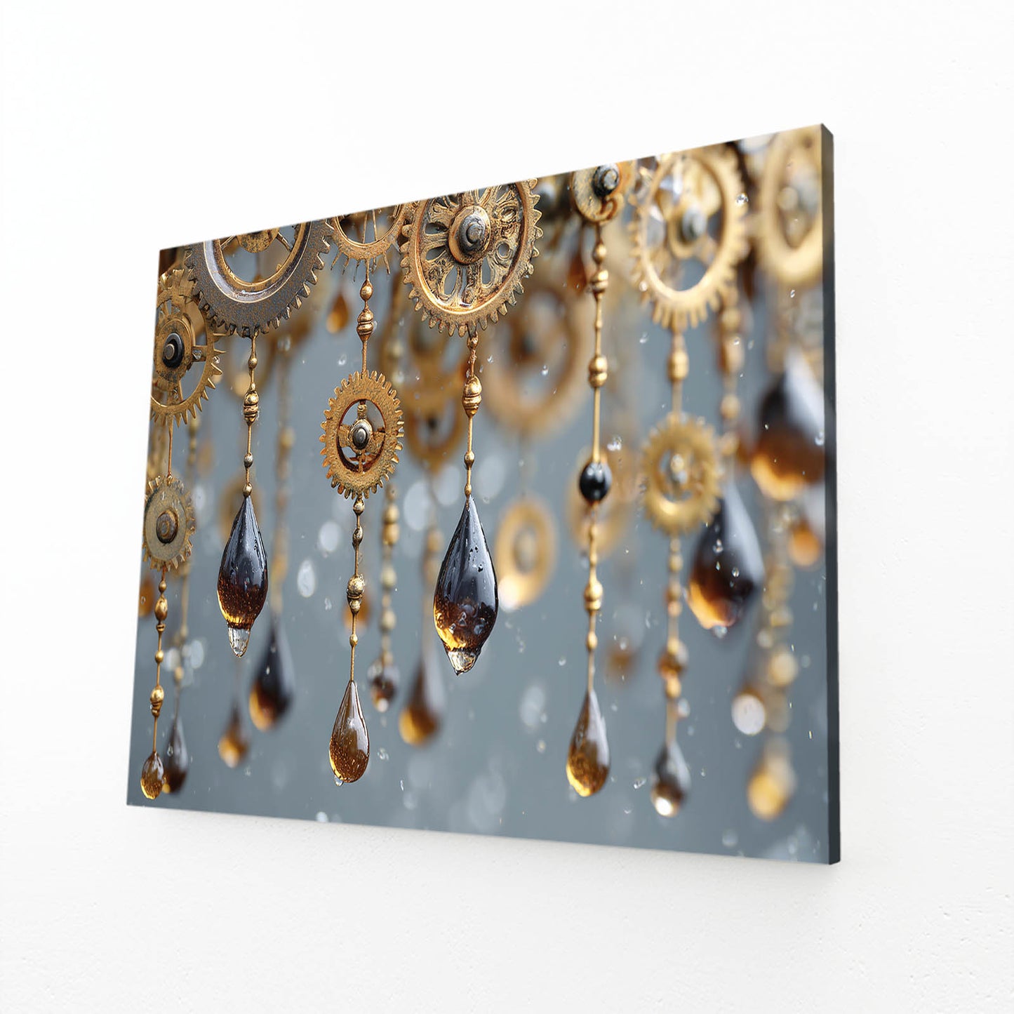 Amber Gear Rain Steampunk Wall Art – angled canvas view on white background