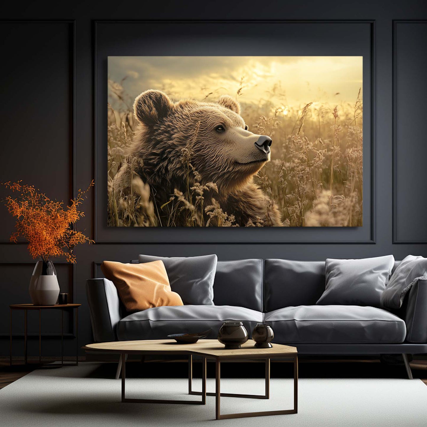 Amber Grass Gaze Bear Wall Decor — photography canvas print, styled in a furnished interior