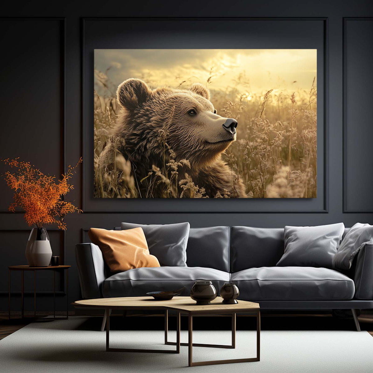 Amber Grass Gaze Bear Wall Decor — photography canvas print, styled in a furnished interior