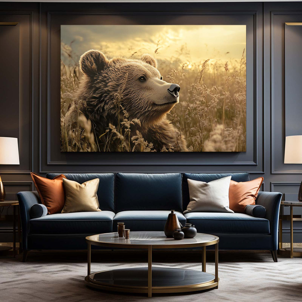 Amber Grass Gaze Bear Wall Decor — photography canvas print, styled in a furnished interior