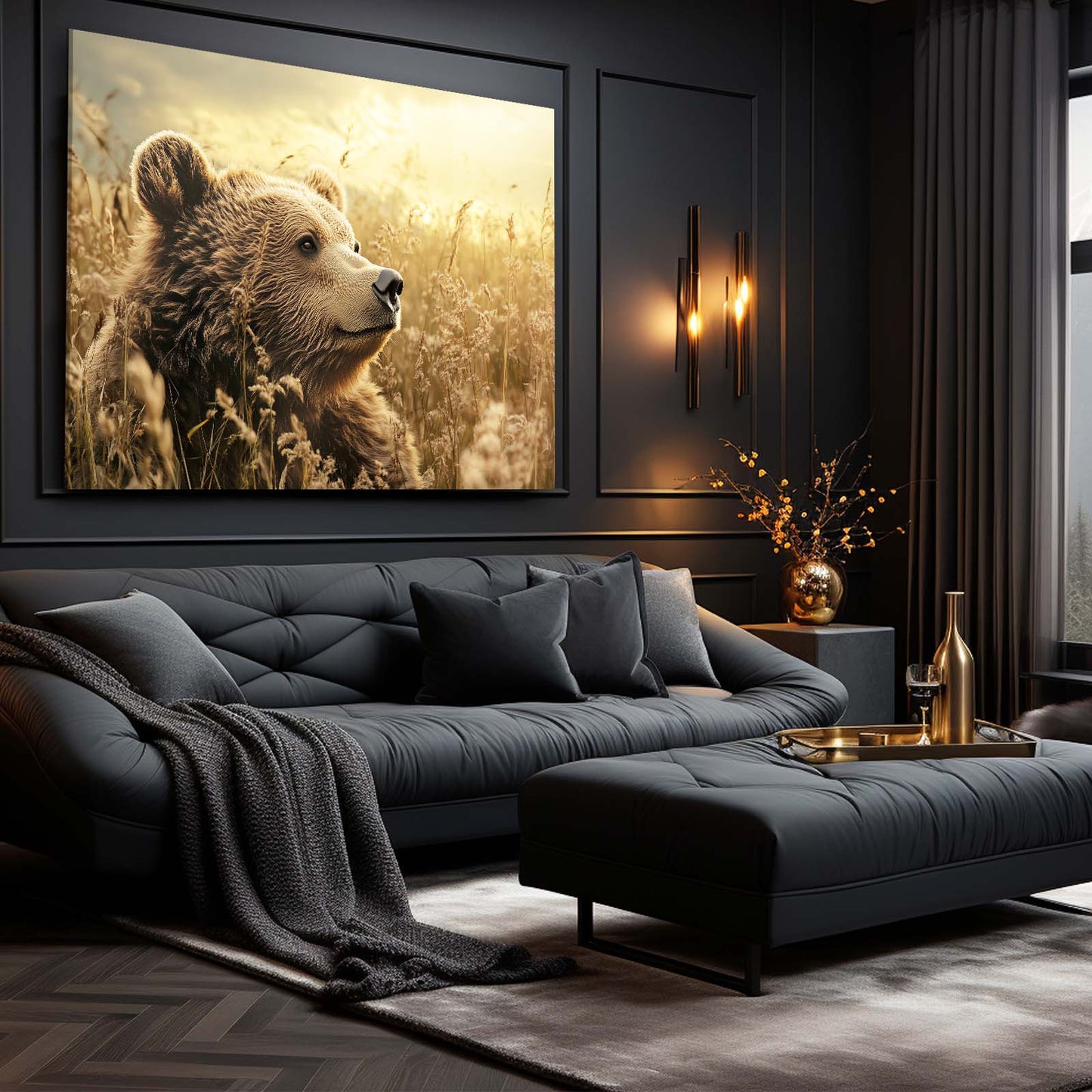 Amber Grass Gaze Bear Wall Decor — photography canvas print, styled in a furnished interior