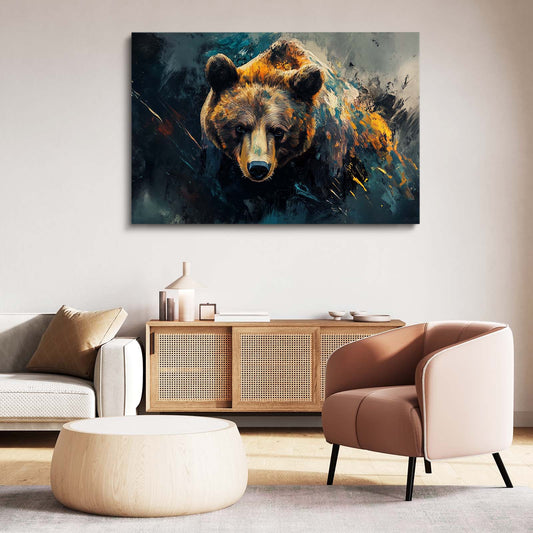 Amber Ink Splash Bear Canvas Art — abstract canvas print, styled in a furnished interior