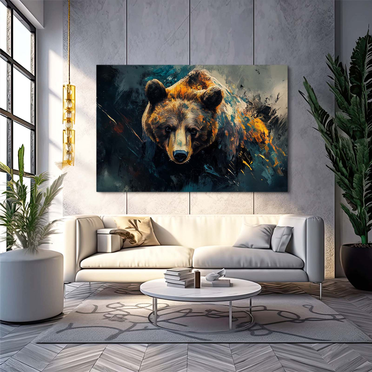 Amber Ink Splash Bear Canvas Art — abstract canvas print, styled in a furnished interior