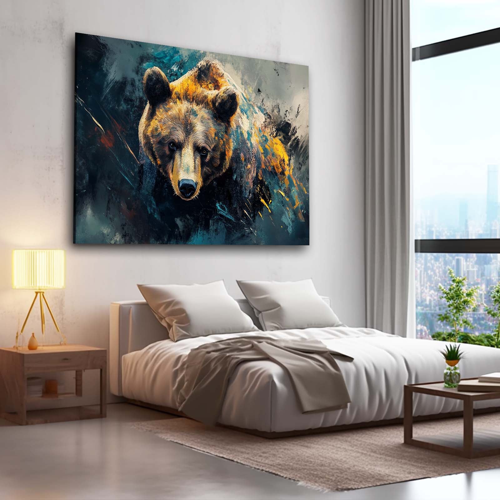 Amber Ink Splash Bear Canvas Art — abstract canvas print, styled in a furnished interior
