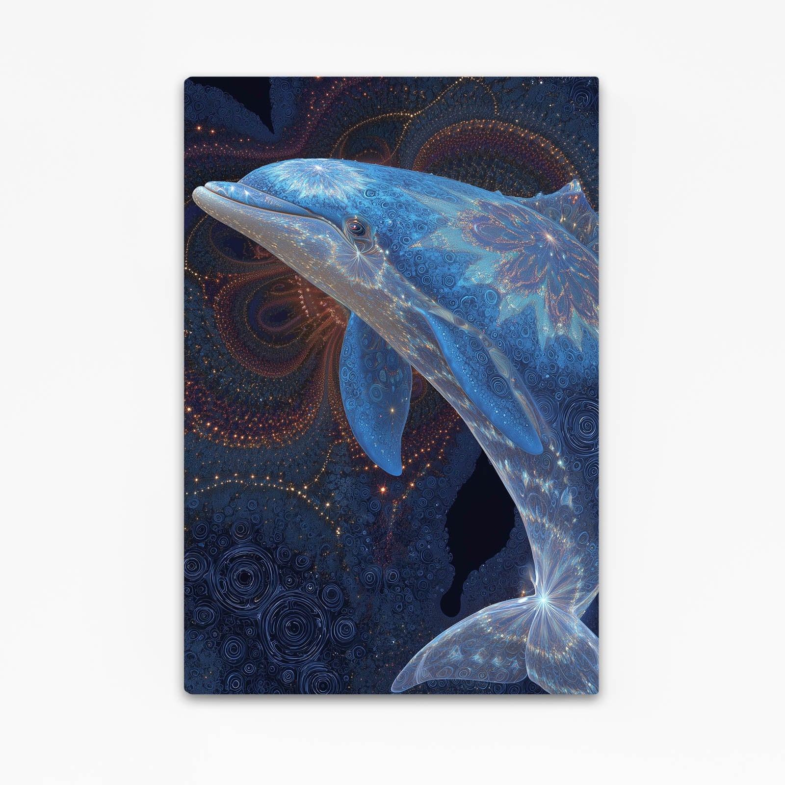 Amber Mandala Dolphin Art – crystalline blue dolphin diving across glowing amber mandala rings