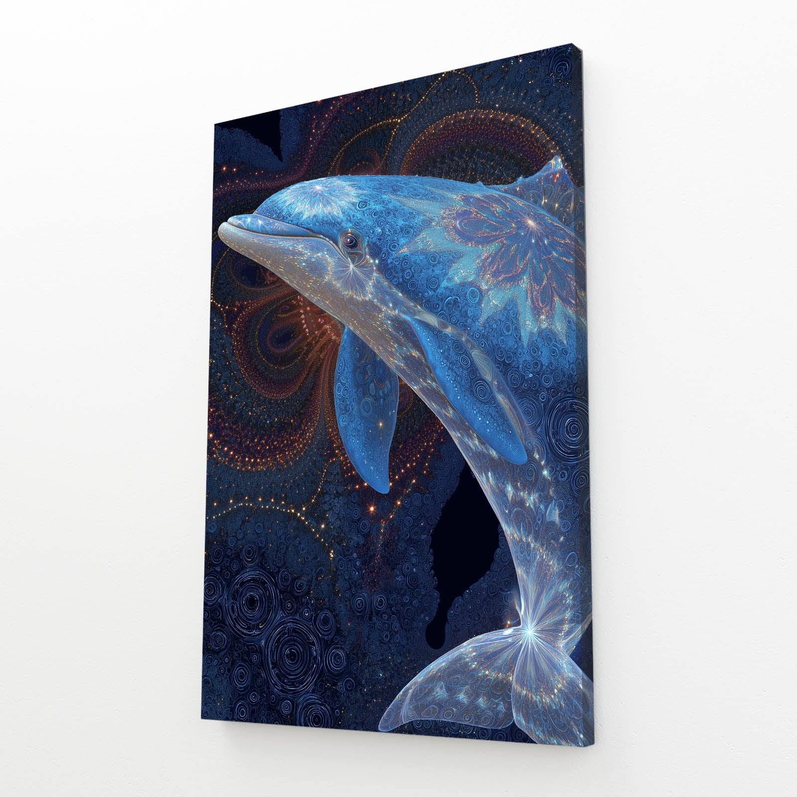 Amber Mandala Dolphin Art – angled canvas view on white background