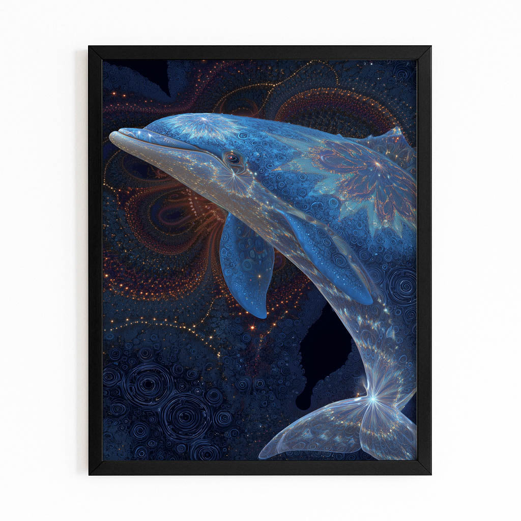 Amber Mandala Dolphin Art – with Premium Black wood frame on white background
