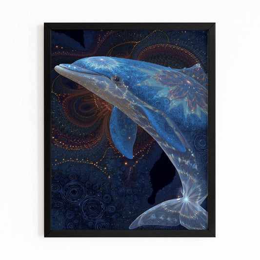 Amber Mandala Dolphin Art – with Premium Black wood frame on white background