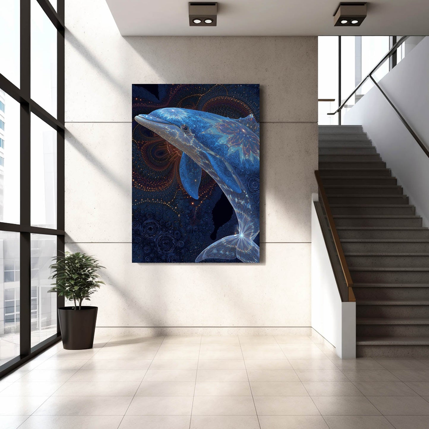 Amber Mandala Dolphin Art – styled in a furnished interior